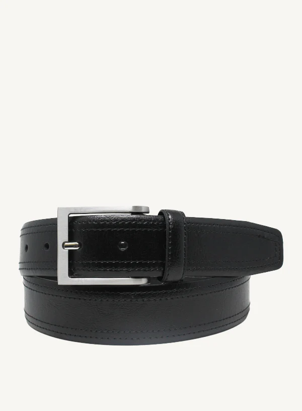 Black Crushed Leather Belt with Double Stitching |