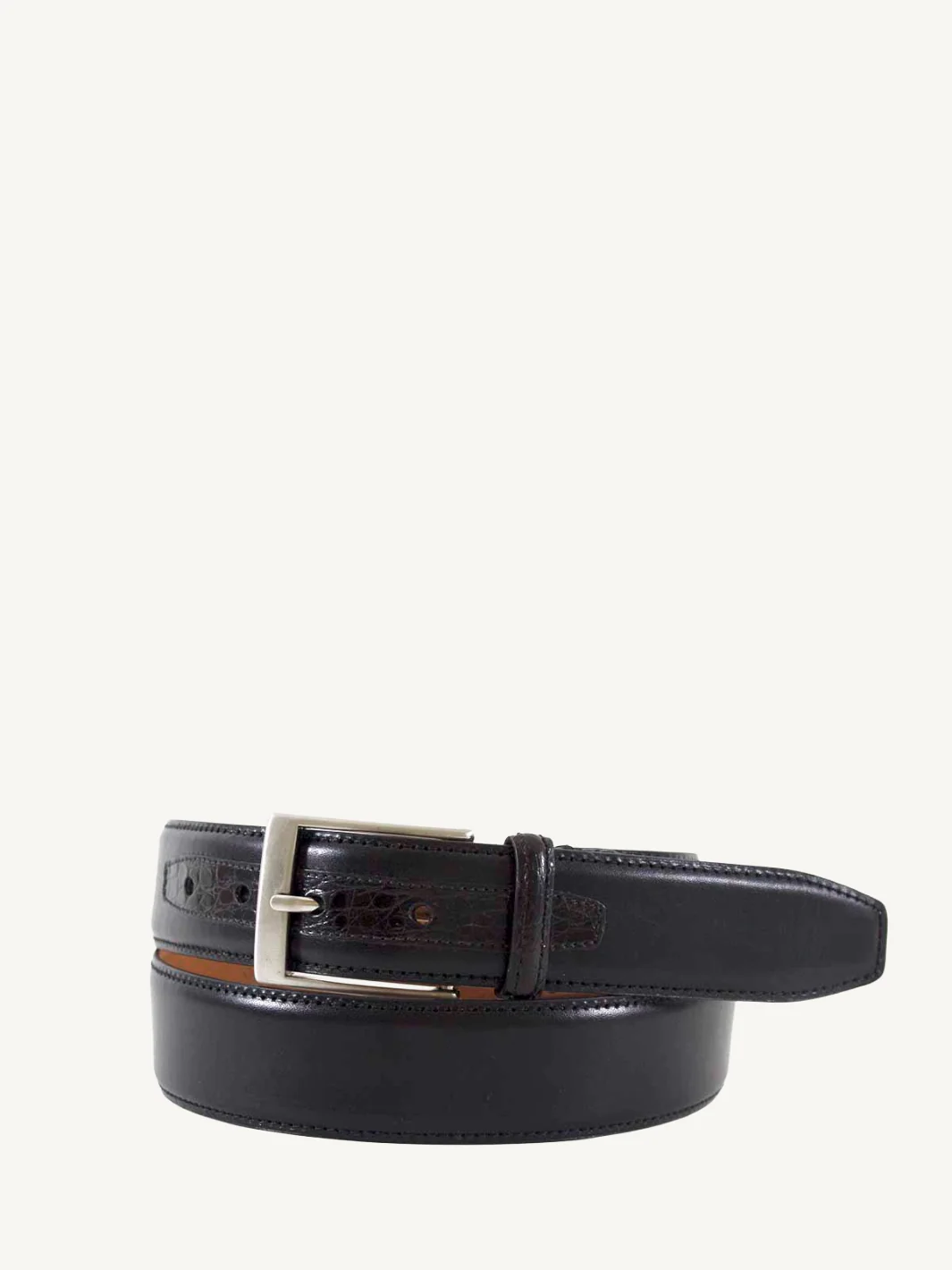 Black Leather Belt with Genuine Crocodile Tab Detail | 1 3/8" Width