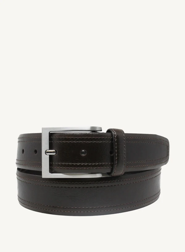 Brown Crushed Leather Belt with Double Stitching |