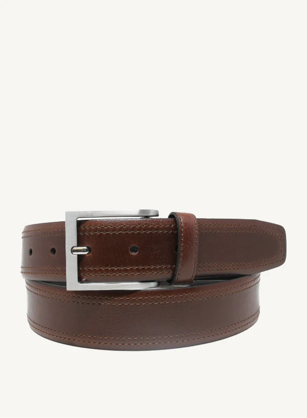 Cognac Crushed Leather Belt with Double Stitching |