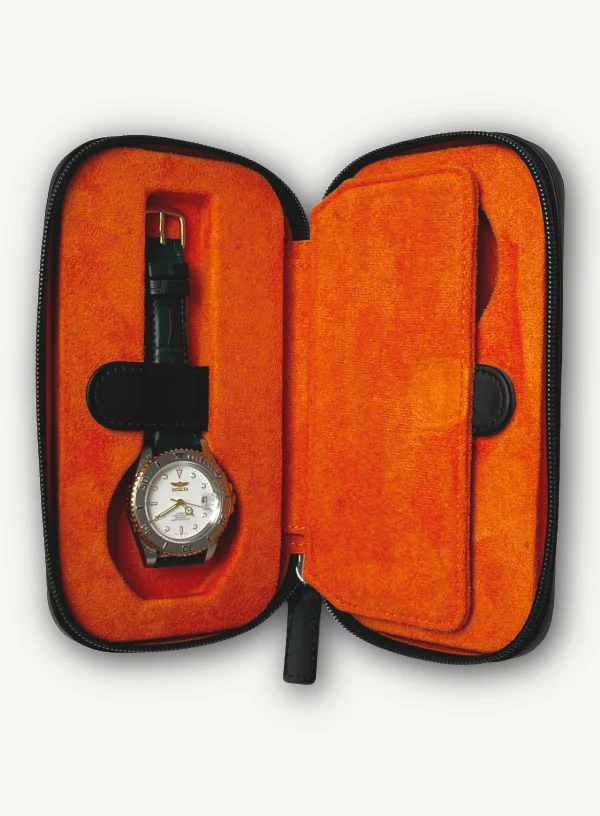 Black Zip Around Watch Case | Orange Lining - Image 3